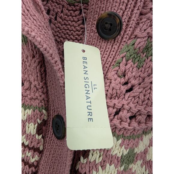 NWT L.L. Bean Signature Cotton Fisherman Short Cardigan Fair Isle Sweater sz LP - Picture 5 of 7
